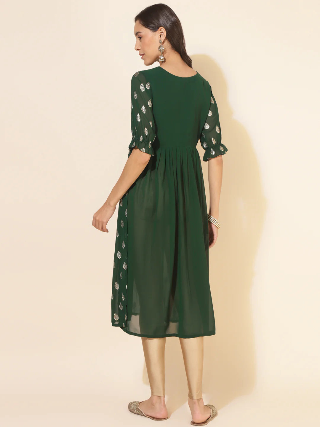 Bottle Green Georgette Foil Printed Gathered Kurta