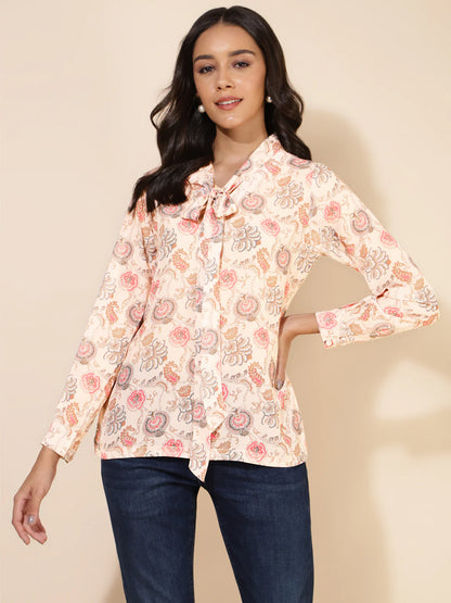 Peach Georgette Floral Print Regular Top