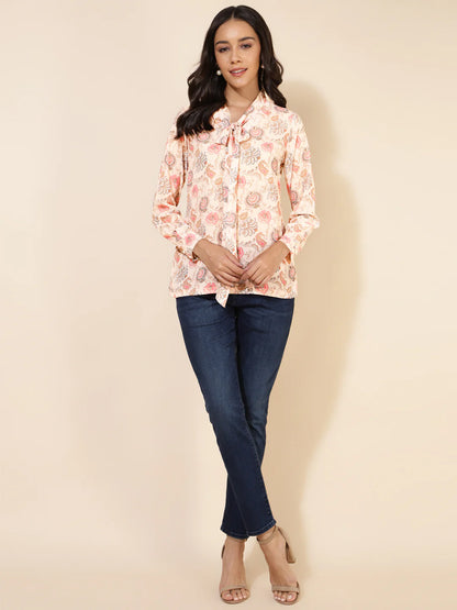 Peach Georgette Floral Print Regular Top