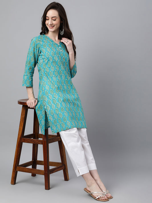 Casual Straight Turquois Cotton Block Printed Top