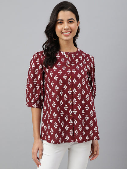 Casual A Line Wine Ethnic Motif Top