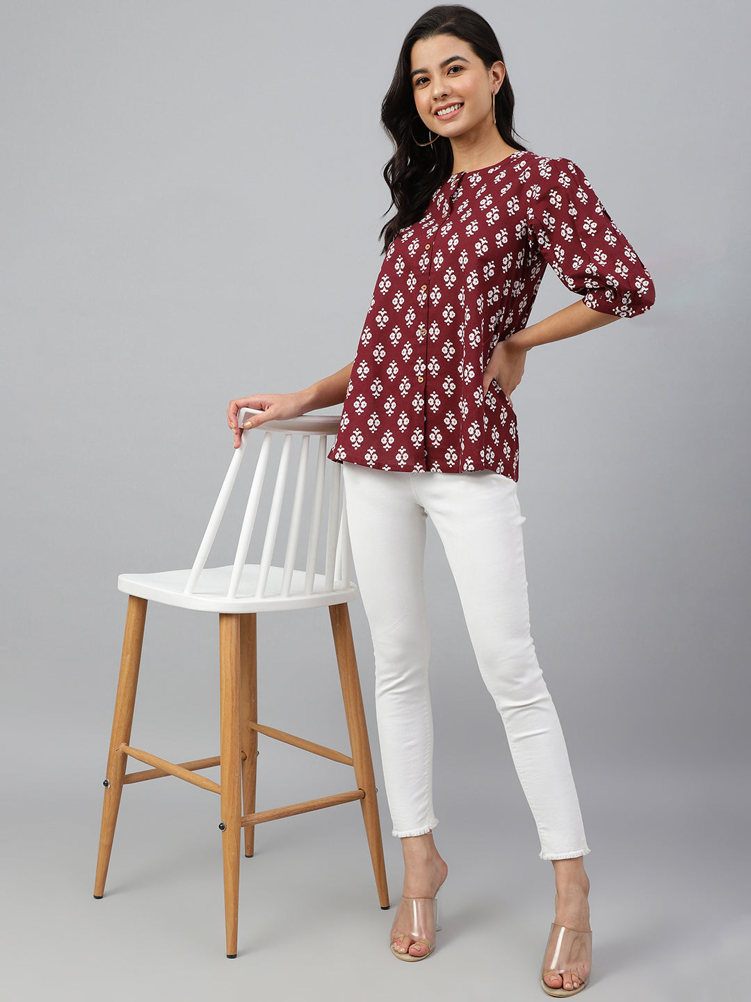 Casual A Line Wine Ethnic Motif Top