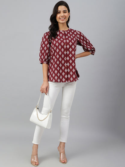 Casual A Line Wine Ethnic Motif Top