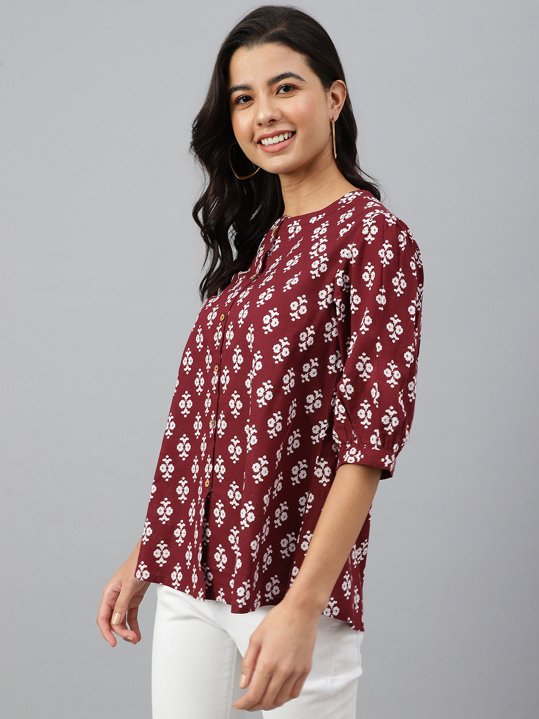 Casual A Line Wine Ethnic Motif Top