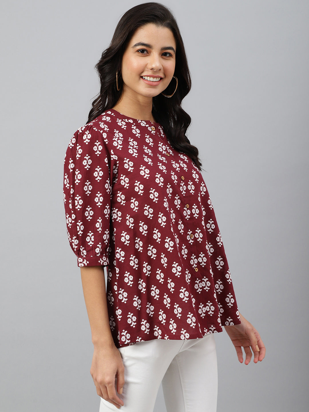 Casual A Line Wine Ethnic Motif Top