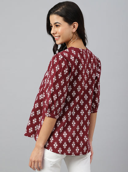 Casual A Line Wine Ethnic Motif Top