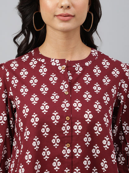 Casual A Line Wine Ethnic Motif Top