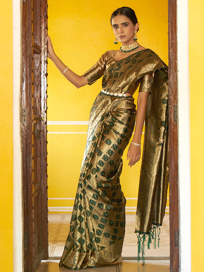 Dark Green Organza Woven Ethnic Motifs Saree With Unstitched Blouse Piece