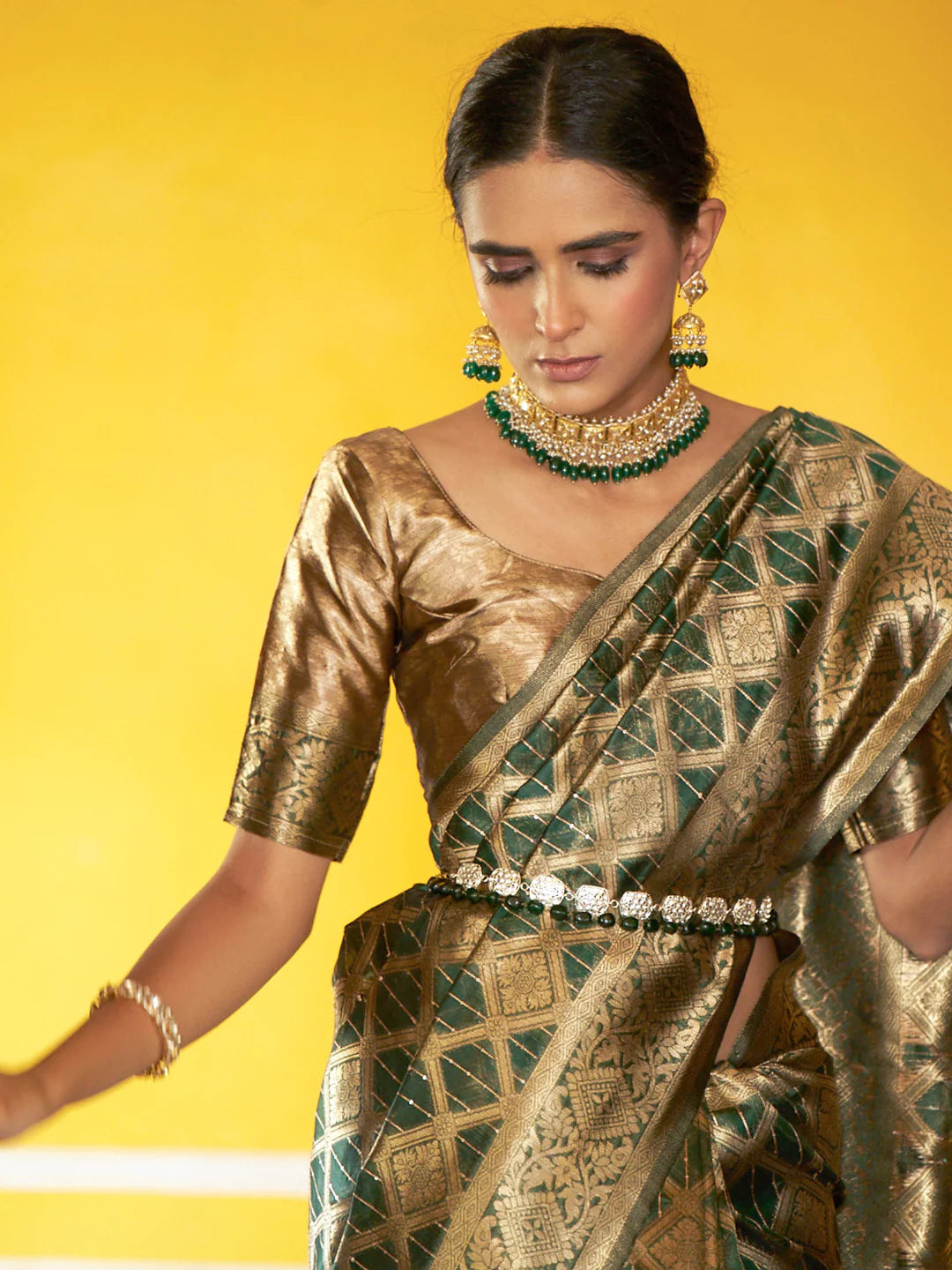 Dark Green Organza Woven Ethnic Motifs Saree With Unstitched Blouse Piece