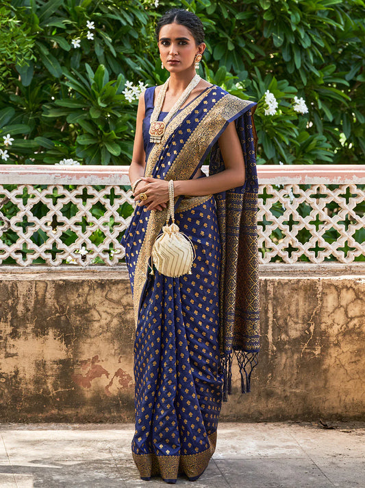 Navy Blue Banarasi Silk Ethnic Motifs Saree With Unstitched Blouse Piece