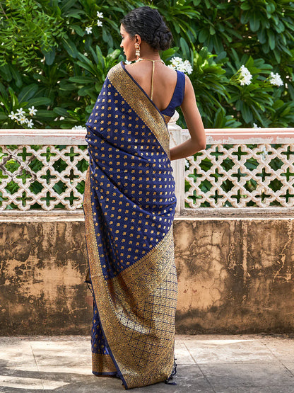 Navy Blue Banarasi Silk Ethnic Motifs Saree With Unstitched Blouse Piece