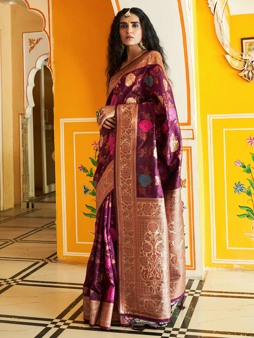 Wine Banarasi Silk Ethnic Motifs Saree With Unstitched Blouse Piece