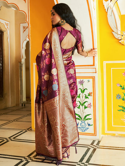 Wine Banarasi Silk Ethnic Motifs Saree With Unstitched Blouse Piece