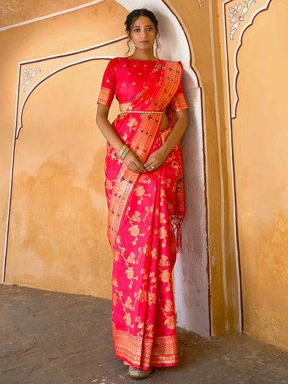 Pink Banarasi Silk Floral Saree With Unstitched Blouse Piece