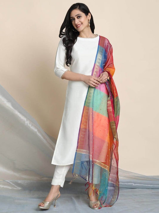 Off-White Poly Silk Solid Kurta With Pant And Dupatta