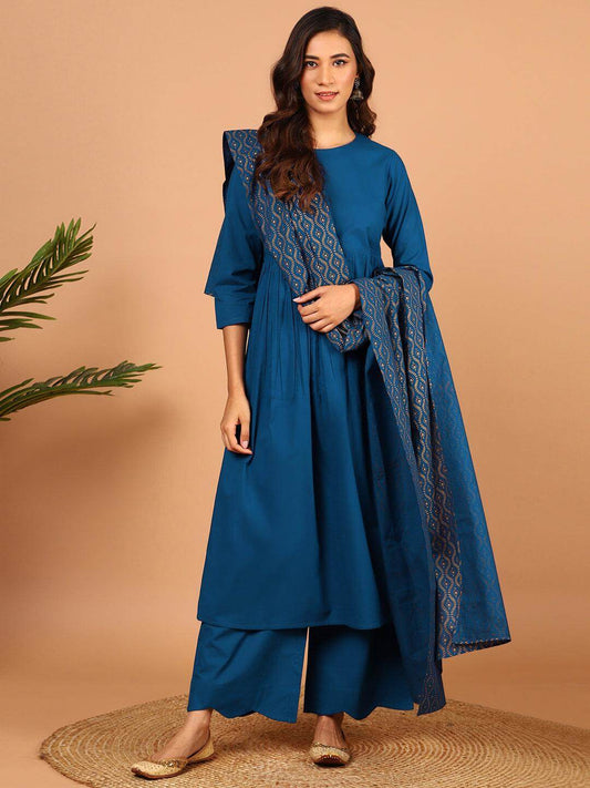 Blue Cotton Solid Kurta With Palazzo And Dupatta