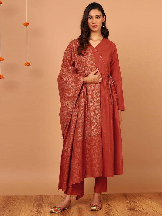 Orange Cotton Striped Kurta With Pant And Dupatta