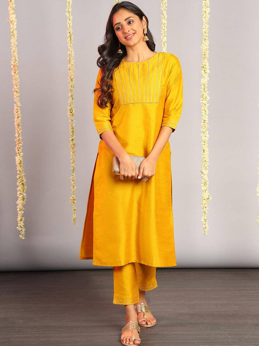 Mustard Poly Silk Solid Kurta With Pant