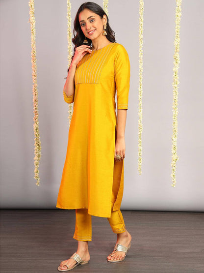 Mustard Poly Silk Solid Kurta With Pant