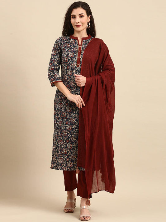 Teal Blue Cotton Floral Print Kurta With Pant And Dupatta