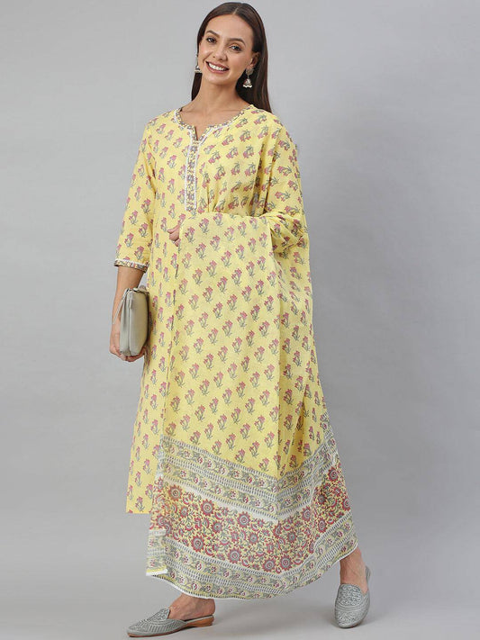 Yellow Cotton Floral Print Kurta With Pant And Dupatta