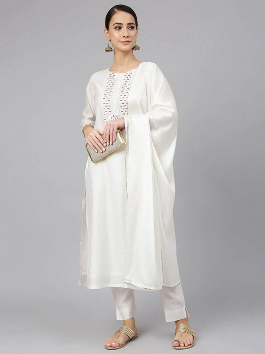 White Poly Silk Solid Kurta With Pant And Dupatta