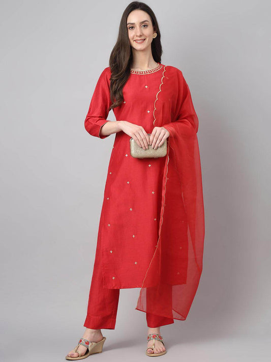 Women's Red Chinon Embroidered Kurta With Pant And Dupatta