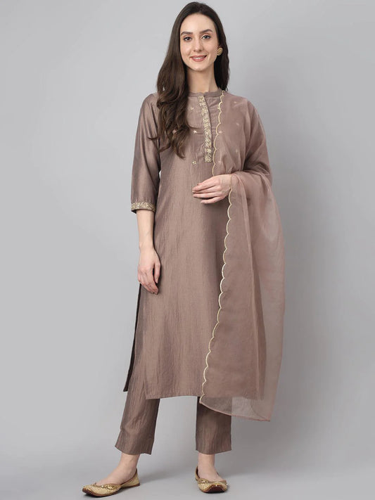 Women's Brown Chinon Solid Kurta With Pant And Dupatta