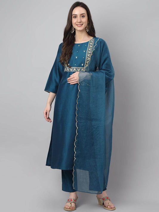 Women's Teal Chinon Solid Kurta With Pant And Dupatta