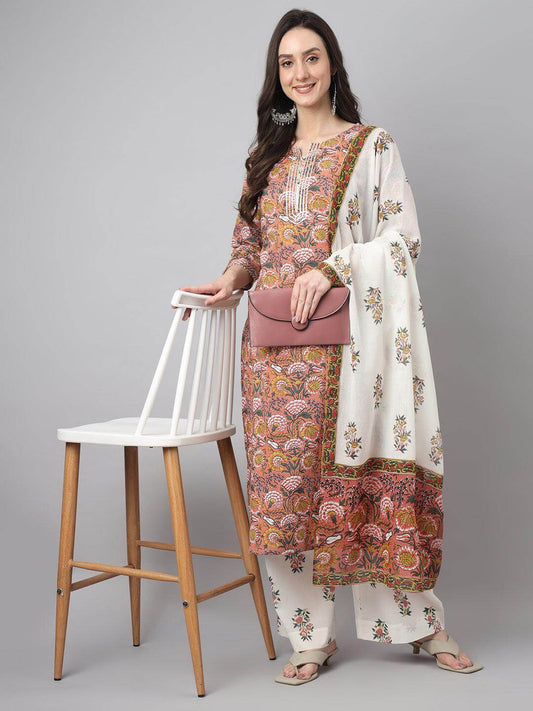 Women's Pink Cotton Floral Print Kurta With Palazzo And Dupatta