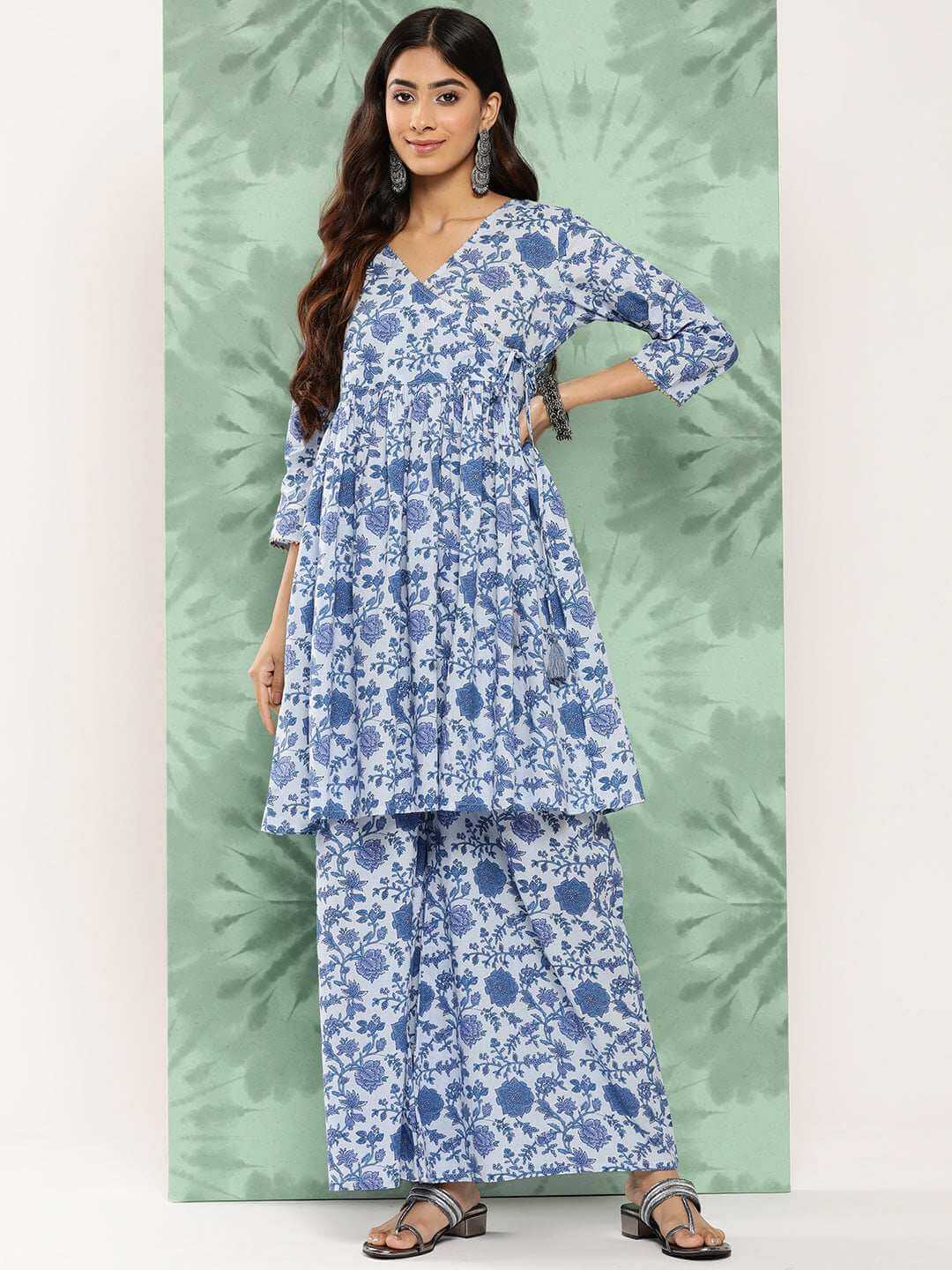 Light Blue Cotton Botanical Printed Co-Ords Set