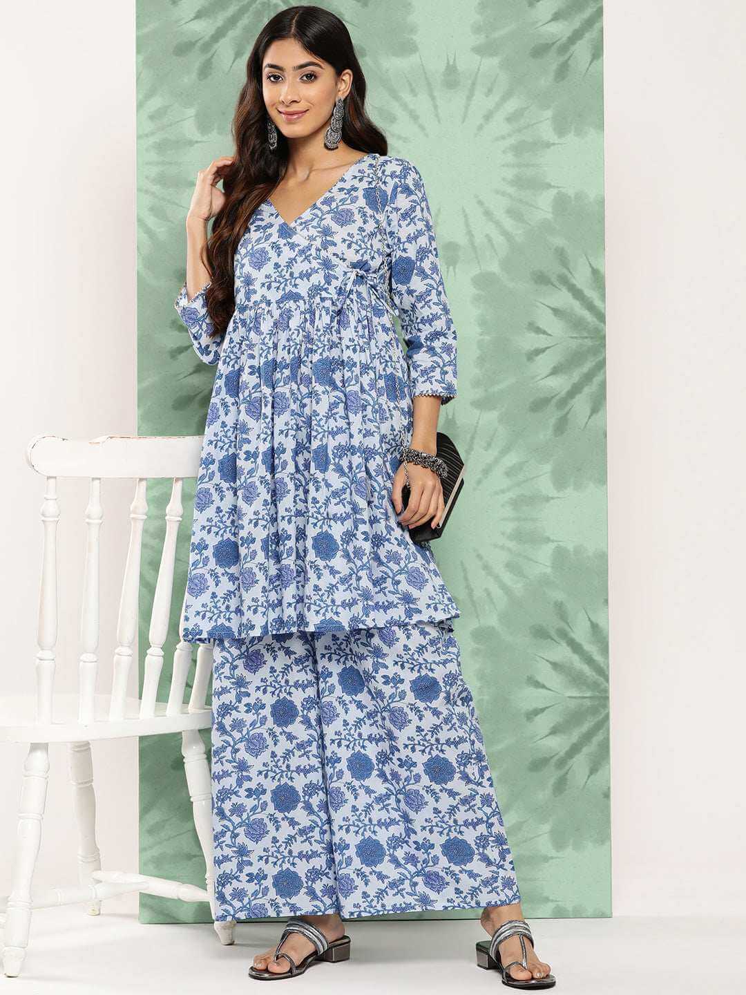 Light Blue Cotton Botanical Printed Co-Ords Set