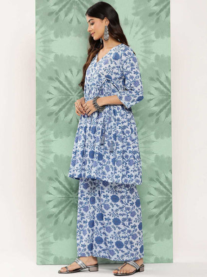 Light Blue Cotton Botanical Printed Co-Ords Set