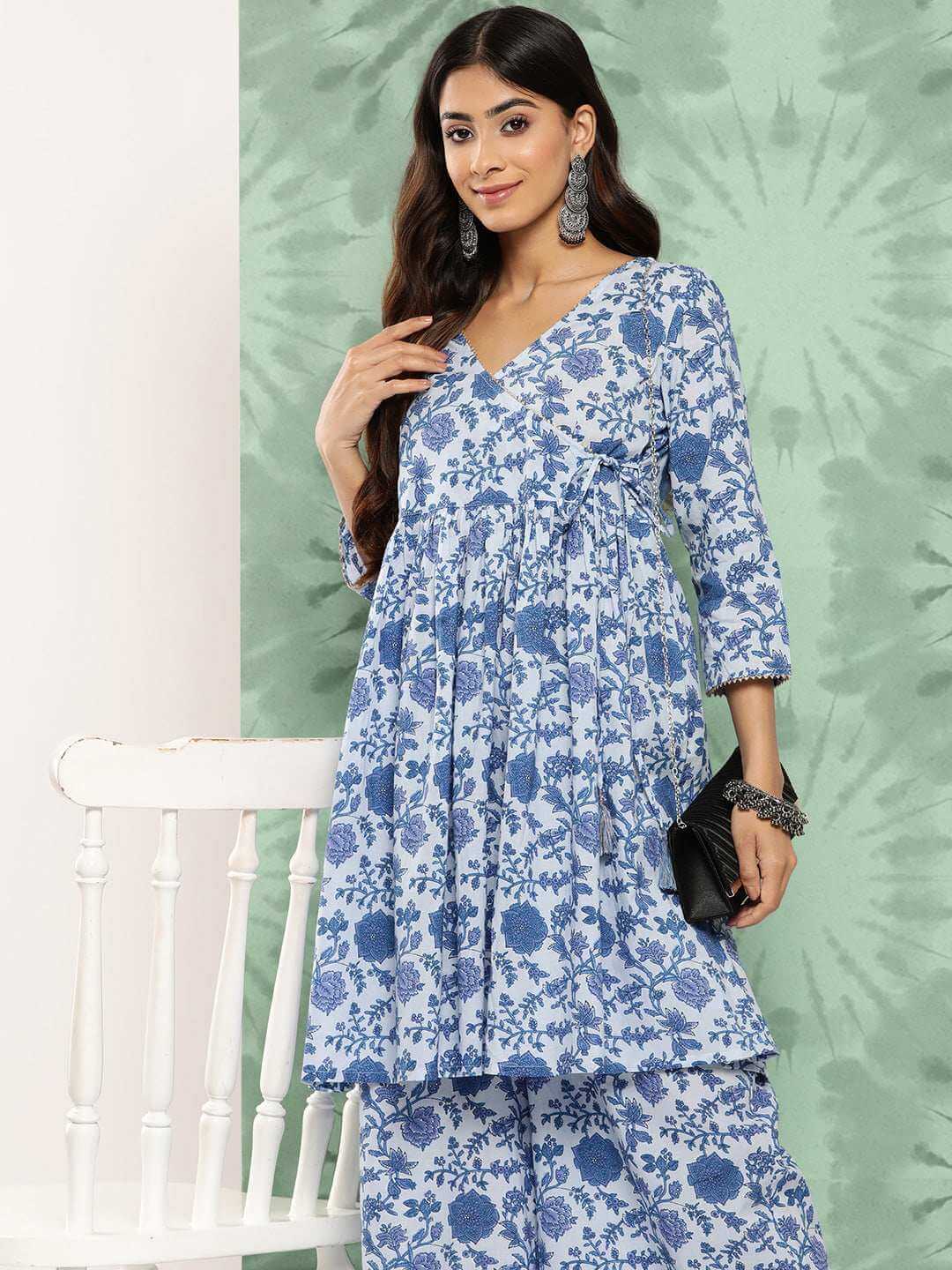 Light Blue Cotton Botanical Printed Co-Ords Set