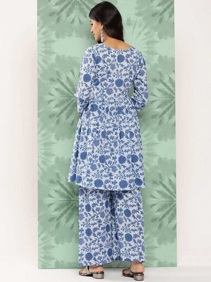 Light Blue Cotton Botanical Printed Co-Ords Set