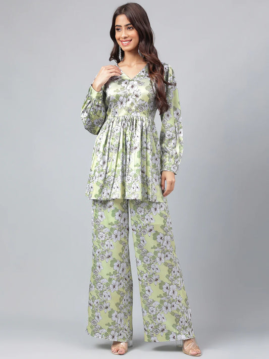 Sage Green Satin Digital Floral Printed Co-Ords Set