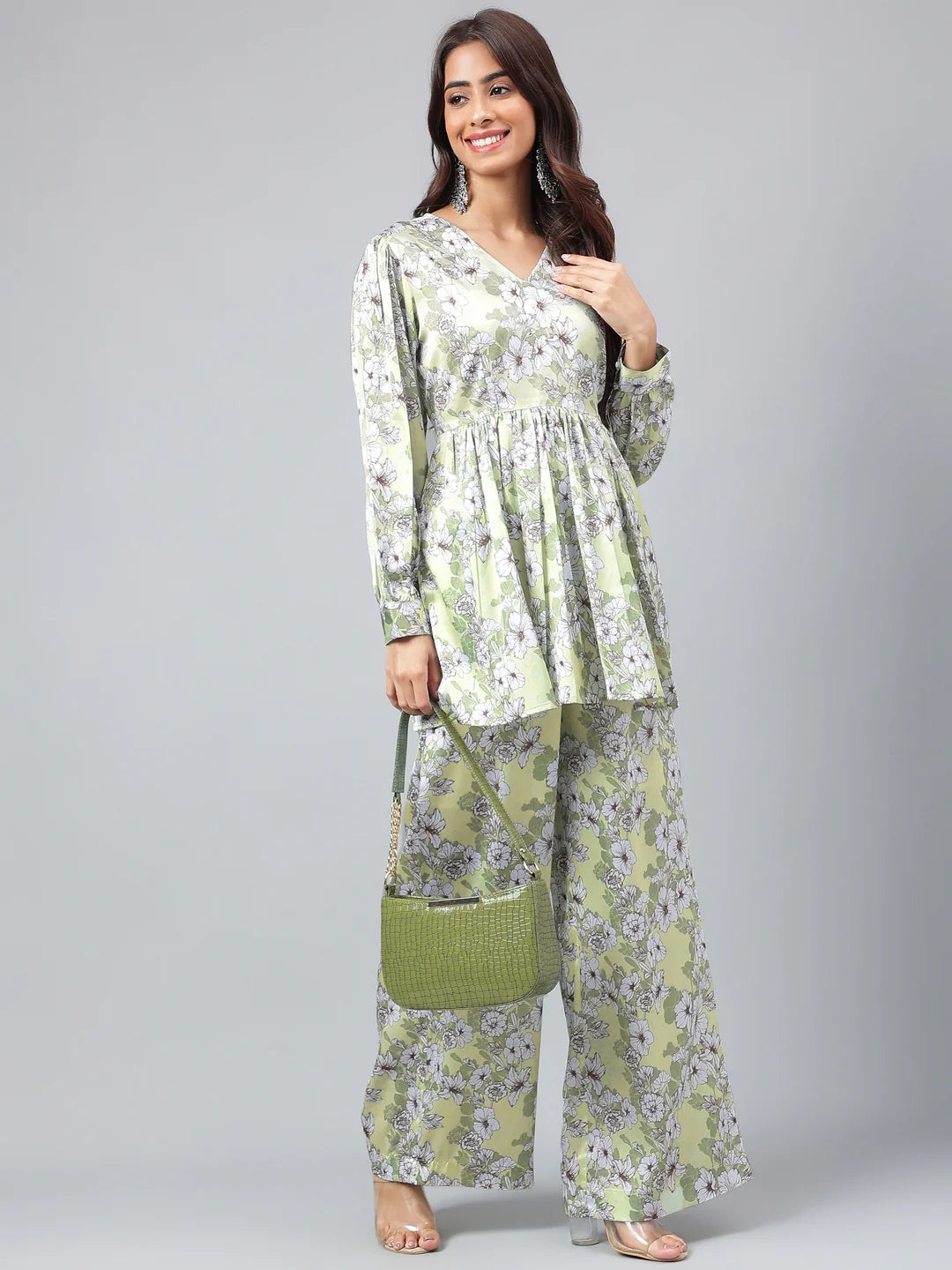 Sage Green Satin Digital Floral Printed Co-Ords Set