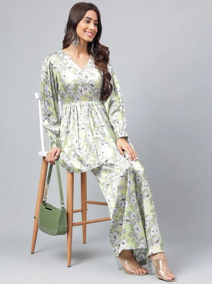 Sage Green Satin Digital Floral Printed Co-Ords Set