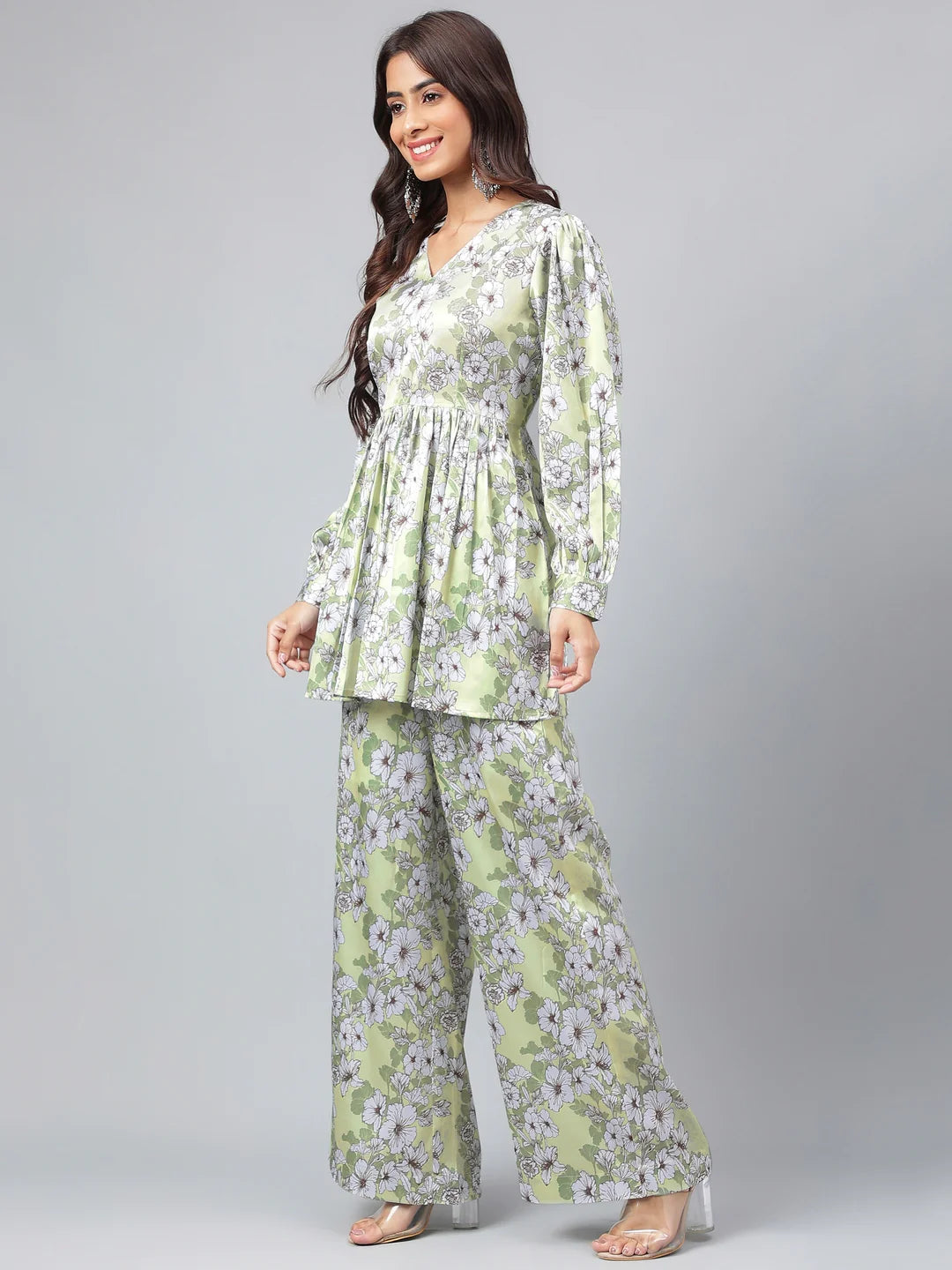 Sage Green Satin Digital Floral Printed Co-Ords Set