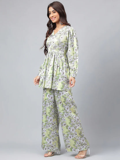 Sage Green Satin Digital Floral Printed Co-Ords Set