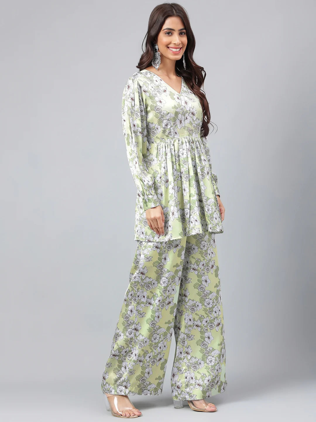 Sage Green Satin Digital Floral Printed Co-Ords Set