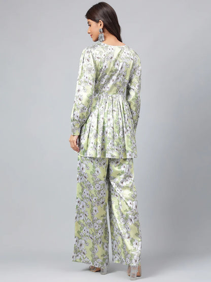 Sage Green Satin Digital Floral Printed Co-Ords Set