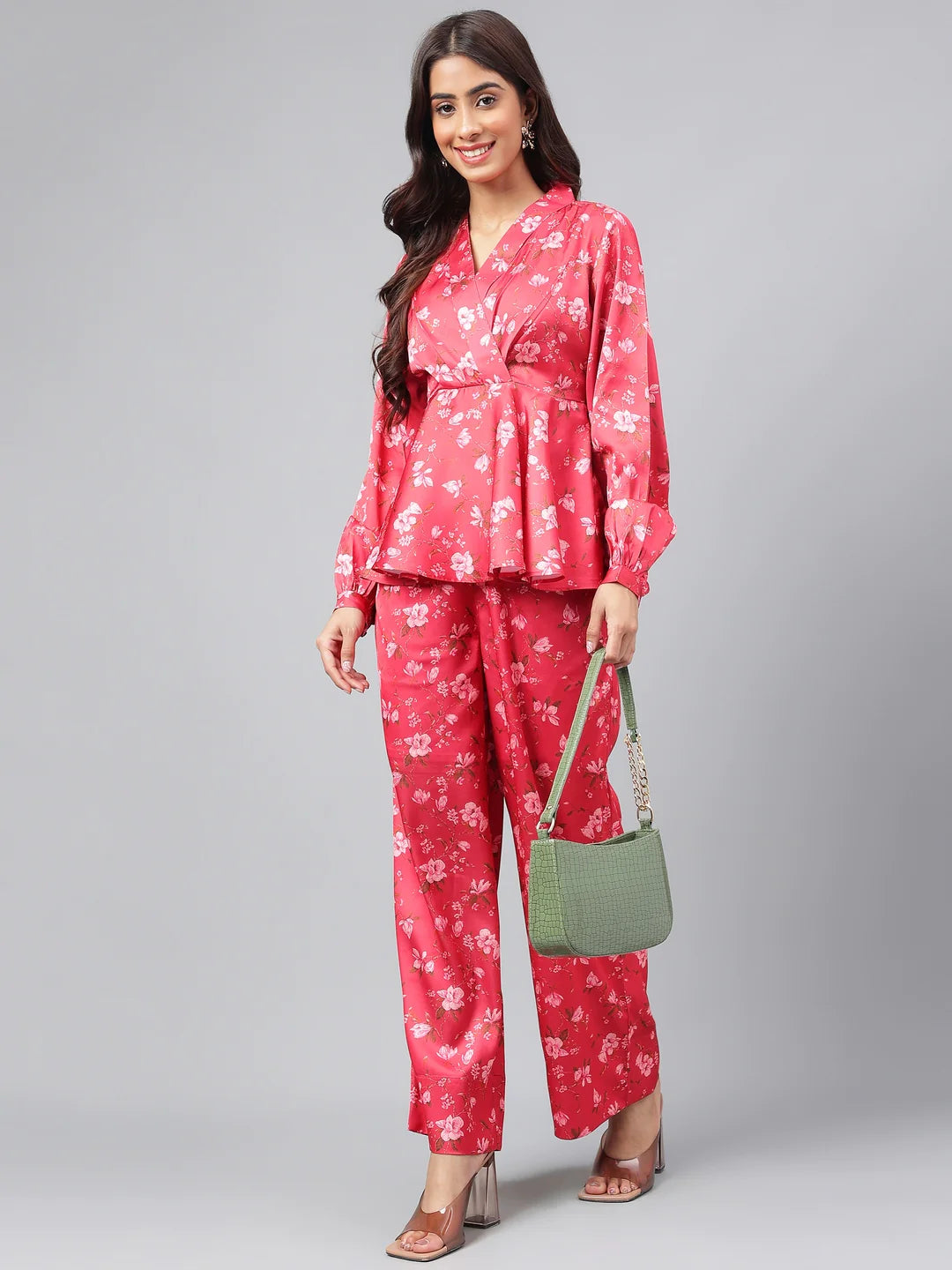 Red Satin Digital Floral Printed Co-Ords Set