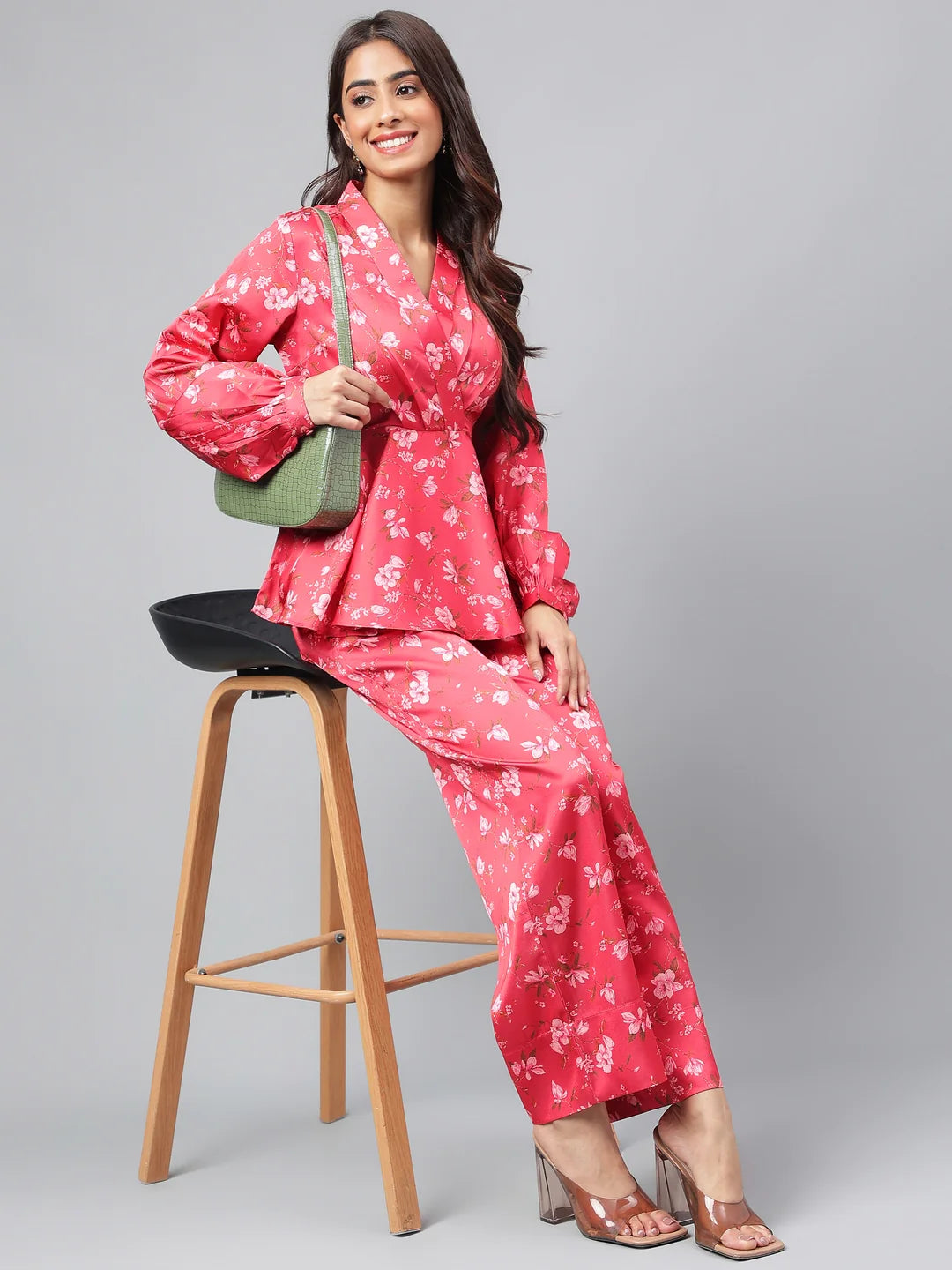 Red Satin Digital Floral Printed Co-Ords Set