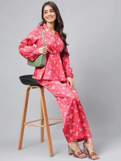 Red Satin Digital Floral Printed Co-Ords Set