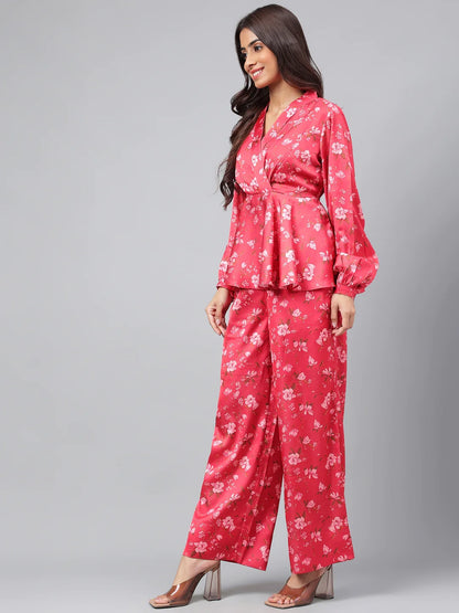 Red Satin Digital Floral Printed Co-Ords Set