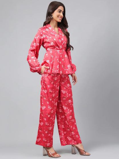 Red Satin Digital Floral Printed Co-Ords Set