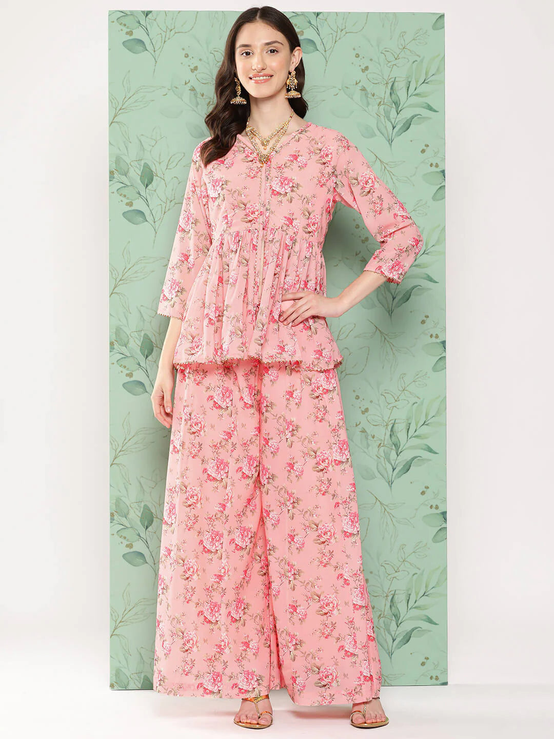 Peach Georgette Digital Floral Printed Co-Ords Set