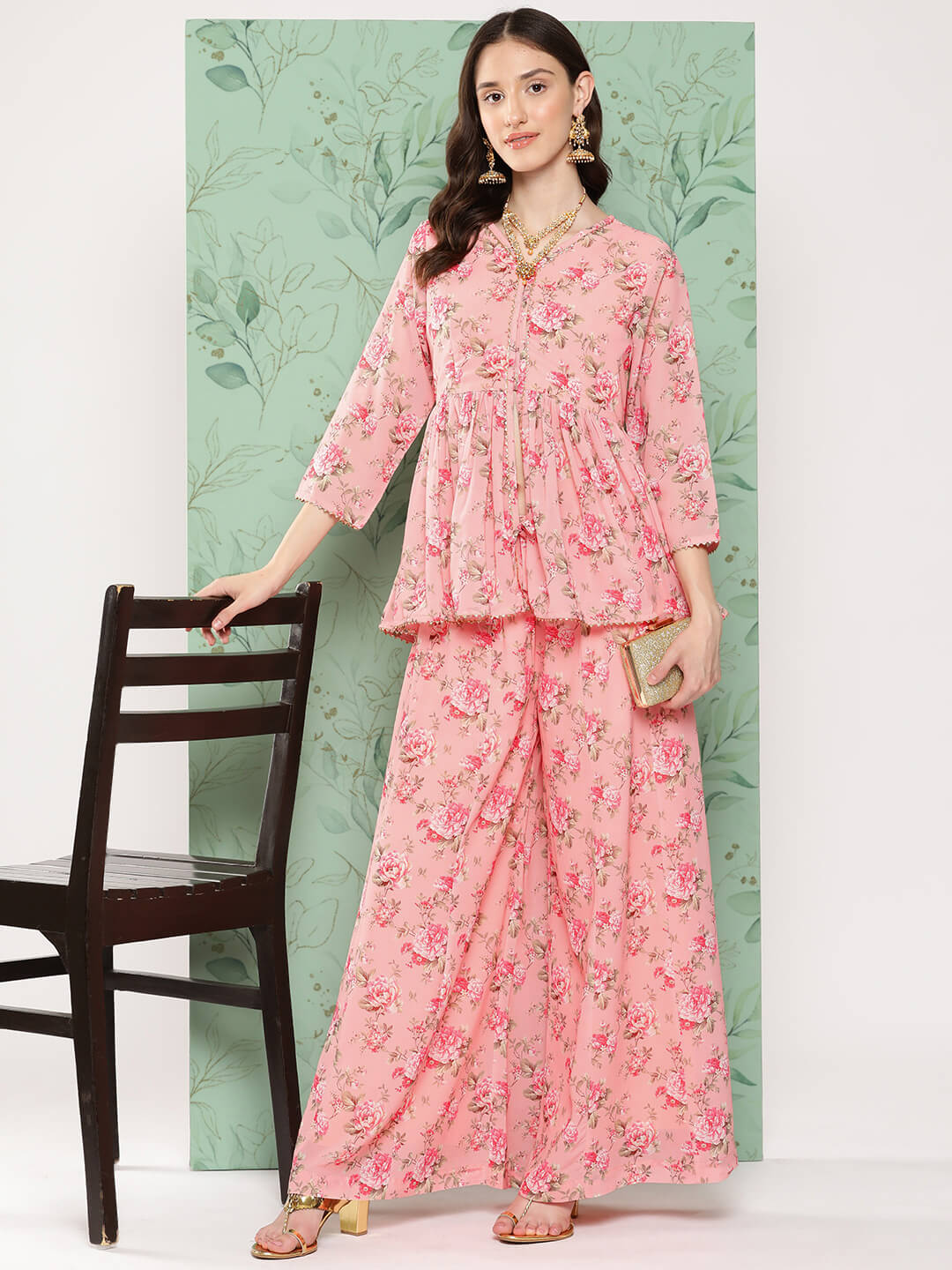 Peach Georgette Digital Floral Printed Co-Ords Set