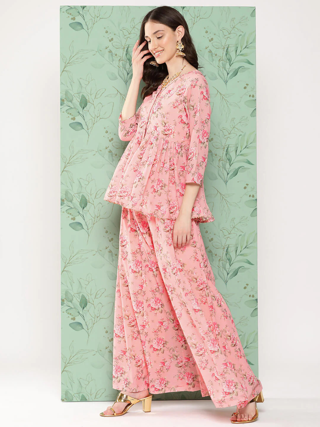 Peach Georgette Digital Floral Printed Co-Ords Set